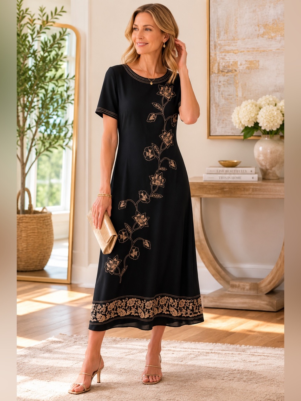 Dana Buchman 100% Silk Embroidered Midi Dress Wedding Guest Black Size 6